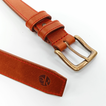 Curea piele naturala 40 mm, Styx, maro cognac, cusutura rosie, catarama solida [2]