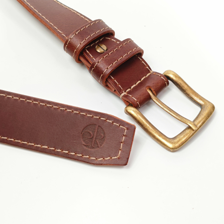 Curea piele naturala 40 mm, Styx, maro inchis, cusutura crem, catarama solida [2]