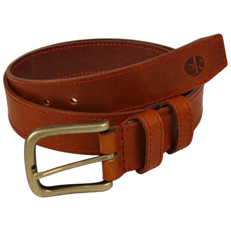 Noutati - Curea piele naturala 40 mm, Styx, maro cognac, cusutura rosie, catarama solida