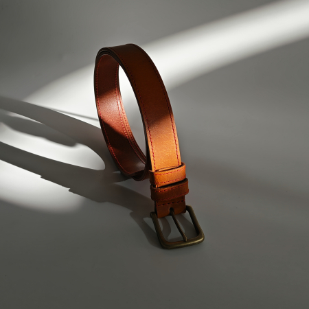 Curea piele naturala 40 mm, Styx, maro cognac, cusutura rosie, catarama solida [2]