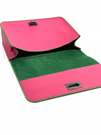 Geanta dama din piele naturala, handmade, Roz cu Verde, cusuta manual, Oprah, produsa in Romania [4]
