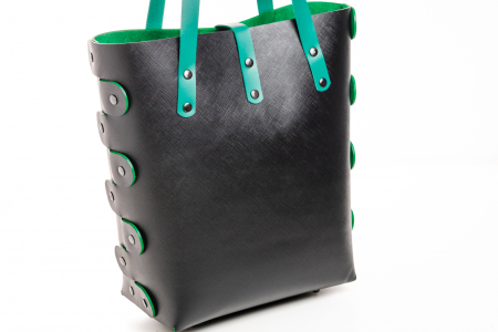 Geanta dama din piele naturala, lucrata manual, Bety, Handmade, Neagra Safiano cu detalii verzi [3]