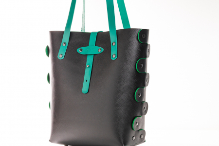 Geanta dama din piele naturala, lucrata manual, Bety, Handmade, Neagra Safiano cu detalii verzi [6]