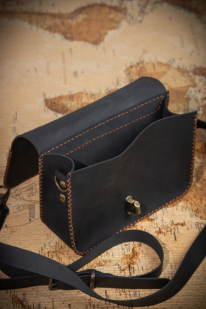 Geanta dama din piele naturala, NEAGRA, cusuta manual, Sarah, handmade [6]