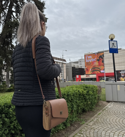 Geanta dama din piele naturala si lemn reciclat, lucrata manual, Katy, Handmade, Maro [1]