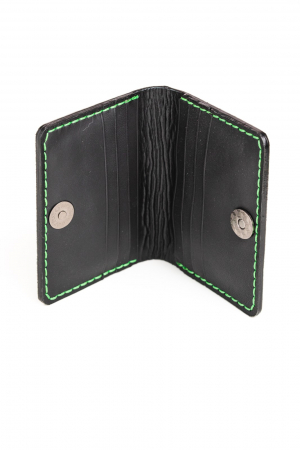 Portcard din piele naturala, lucrat si cusut manual, Orion, Handmade, Negru print ( cusatura verde ), Produs in Romania [2]