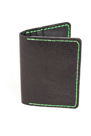 Portcard din piele naturala, lucrat si cusut manual, Orion, Handmade, Negru print ( cusatura verde ), Produs in Romania [1]