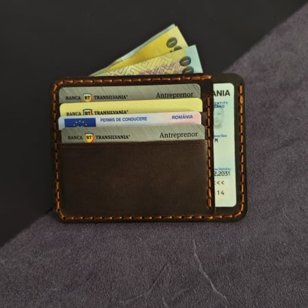 Noutati - Portcard Minimalist din Piele Naturală , Duma, Maro