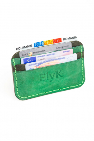 Portcard minimalist din piele naturala, lucrat si cusut manual, Leto, Handmade, Verde, Produs in Romania [2]