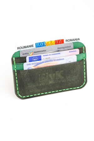 Portcard minimalist din piele naturala, lucrat si cusut manual, Leto, Handmade, Verde Inchis ( Kaki ), Produs in Romania [2]