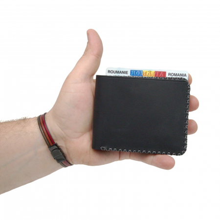 Construieste-ti singur produsul - Portofel personalizat clasic barbati din piele naturala, Hector, negru mat cusatura in X gri