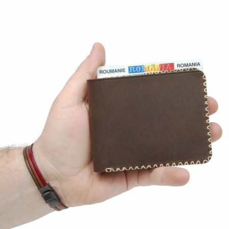 Construieste-ti singur produsul - Portofel personalizabil clasic barbati din piele naturala, Hector, maro cusatura X crem