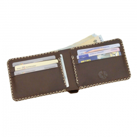 Portofel personalizabil clasic barbati din piele naturala, Hector, maro cusatura X crem [7]