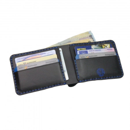 Portofel personalizabil clasic barbati din piele naturala, Hector Young, negru detalii albastre [5]