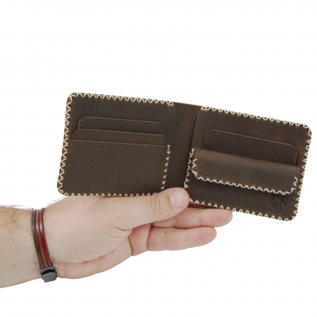 Portofel personalizabil clasic barbati din piele naturala, Hector 2, maro cusut in X cu crem [3]