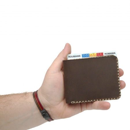 Construieste-ti singur produsul - Portofel personalizabil clasic barbati din piele naturala, Hector 2, maro cusut in X cu crem