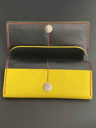 Portofel dama din piele naturala, personalizabil, Eva, galben (cusatura rosie) [2]