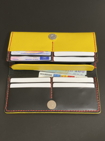 Portofel dama din piele naturala, personalizabil, Eva, galben (cusatura rosie) [3]