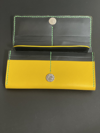 Portofel dama din piele naturala, lucrat si cusut manual, Eva, Handmade, Galben ( cusatura verde ), Produs in Romania [2]
