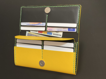 Portofel dama din piele naturala, personalizabil, Eva, galben (cusatura rosie) [3]