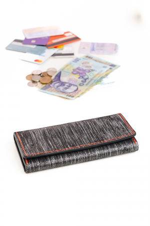Portofel dama din piele naturala, personalizabil, Eva, megru cu argintiu (cusatura rosie) [5]