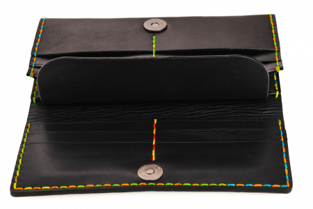 Portofel dama din piele naturala, lucrat si cusut manual, Eva, Handmade, Negru ( cusatura colorata ) [2]