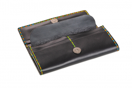 Portofel dama din piele naturala, lucrat si cusut manual, Eva, Handmade, Negru ( cusatura colorata ) [3]