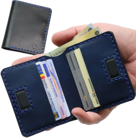 Pentru BARBATI - Portofel din piele naturala, Odin, negru cu albastru