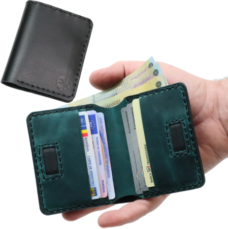 Noutati - Portofel din piele naturala, personalizabil, Odin, negru cu turcoaz