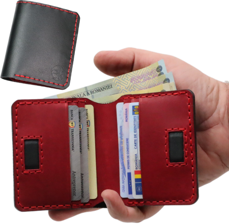 Noutati - Portofel din piele naturala, personalizabil, Odin, negru cu rosu