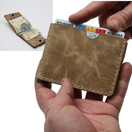 Portofele barbati - Portofel slim barbati din piele naturala, lucrat si cusut manual, Loki, handmade, Crem