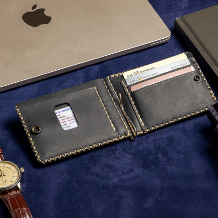 Portofel minimalist, personalizabil, din piele naturala, Loki, Negru Mat , cusut in X, lucrat si cusut manual, handmade [7]