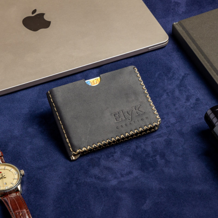 Portofel minimalist, personalizabil, din piele naturala, Loki, Negru Mat , cusut in X, lucrat si cusut manual, handmade [1]