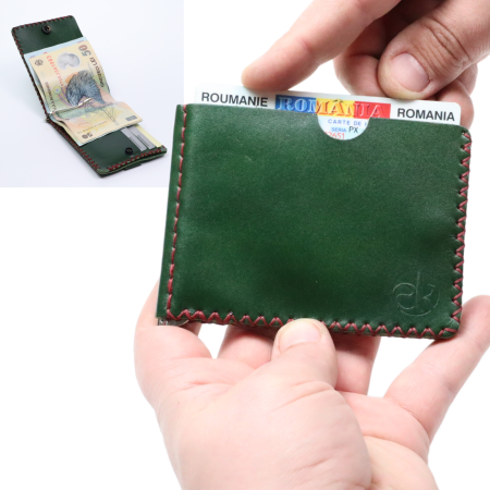 Pentru BARBATI - Portofel minimalist din piele naturala, Loki, Verde, cusut in X, lucrat si cusut manual, handmade