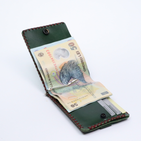 Portofel minimalist din piele naturala, Loki, Verde, cusut in X, lucrat si cusut manual, handmade [2]