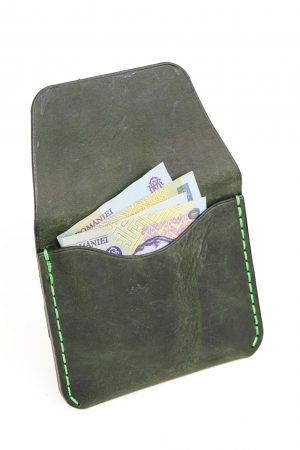 Portofel minimalist din piele naturala, lucrat si cusut manual, Hapi, Handmade, Verde Inchis ( Kaki ), Produs in Romania [4]