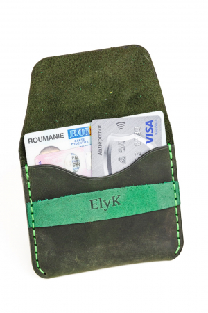 Portofel minimalist din piele naturala, lucrat si cusut manual, Hapi, Handmade, Verde Inchis ( Kaki ), Produs in Romania [3]