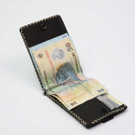 Portofel minimalist, personalizabil, din piele naturala, Loki, Negru Mat , cusut in X, lucrat si cusut manual, handmade [2]