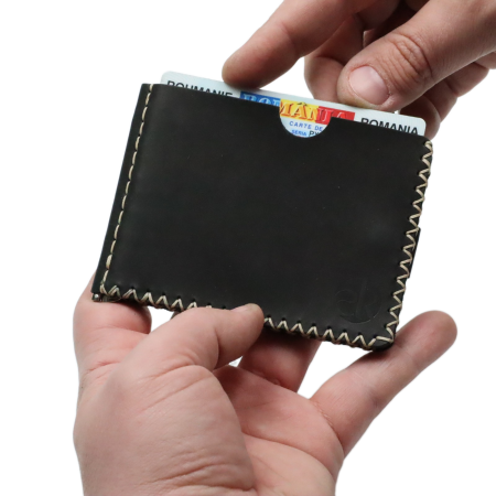 Portofel minimalist, personalizabil, din piele naturala, Loki, Negru Mat , cusut in X, lucrat si cusut manual, handmade [6]