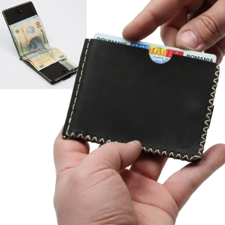 Construieste-ti singur produsul - Portofel minimalist, personalizabil, din piele naturala, Loki, Negru Mat , cusut in X, lucrat si cusut manual, handmade