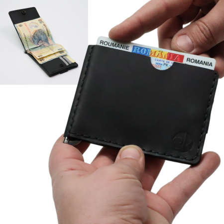 Construieste-ti singur produsul - Portofel minimalist. personalizabil, din piele naturala, Loki, Negru Mat, lucrat si cusut manual, handmade