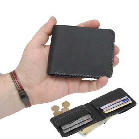 Construieste-ti singur produsul - Portofel personalizabil clasic barbati din piele naturala, Hector 2, negru mat cusut in X cu gri