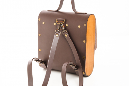 Rucsac dama din piele naturala si lemn reciclat. lucrat manual, Dory, Handmade, Maro [1]