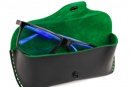 Toc / Etui ochelari soare / vedere din piele naturala, lucrat si cusut manual, Clio, Negru print cu Verde [1]