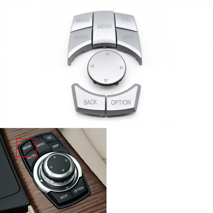 Butoane Consola Multimedia iDrive Dedicat BMW F01 F02 F06 F07 F10 F11 F12 F13 F15 F16 F25 F26 F30 F31 F32 F33 F34 F35 F36 F82 F83, cu buton Media, Crom [4]