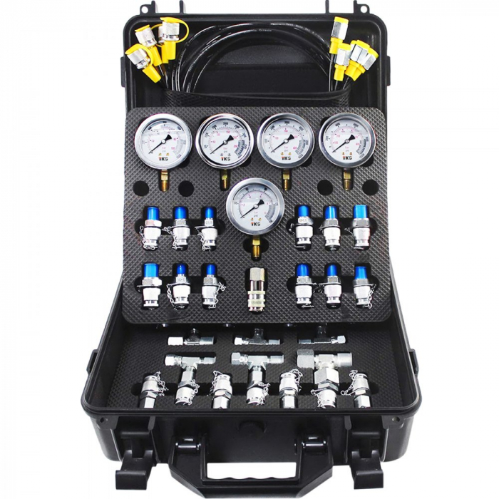 Trusa cu 5 manometre de presiune gradate 10/100/250/400/600 Bar cu 13 cuple testare, 14 Teuri si 5 furtunuri conectare pentru mentenanta utilaje constructii [1]