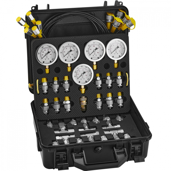 Trusa cu 5 manometre de presiune gradate 10/100/250/400/600 Bar cu 13 cuple testare, 14 Teuri si 5 furtunuri conectare pentru mentenanta utilaje constructii [8]