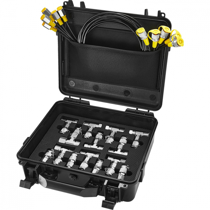 Trusa cu 5 manometre de presiune gradate 10/100/250/400/600 Bar cu 13 cuple testare, 14 Teuri si 5 furtunuri conectare pentru mentenanta utilaje constructii [7]