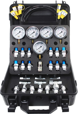 Piese de schimb tractoare - Trusa de verificare a presiunii hidraulice EMH cu 5 manometre 10/100/250/400/600bar, 13 cuple de testare, 14 T-uri si 5 furtunuri de testare, in carcasa de transport robusta