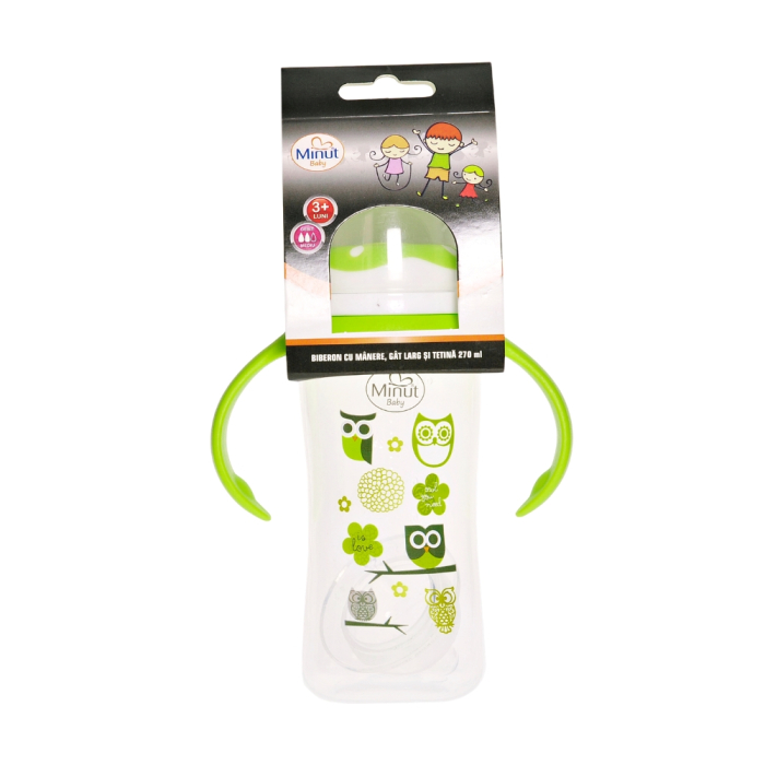 Biberon gat larg cu manere 270 ml cu tetina silicon 3+ Minut Baby [4]